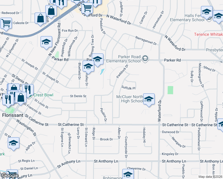 map of restaurants, bars, coffee shops, grocery stores, and more near 2385 Johnstown Drive in Florissant