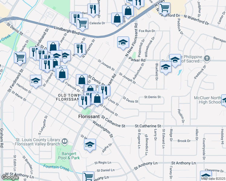 map of restaurants, bars, coffee shops, grocery stores, and more near 725 North Castello Street in Florissant