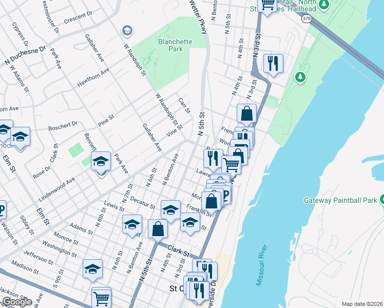 map of restaurants, bars, coffee shops, grocery stores, and more near 1110 North 5th Street in Saint Charles