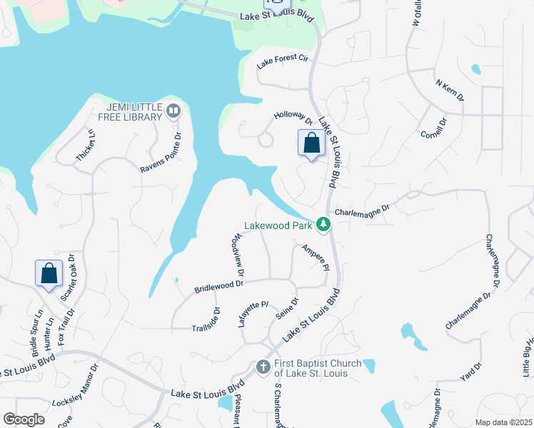 map of restaurants, bars, coffee shops, grocery stores, and more near 15 Woodview Drive in Lake Saint Louis
