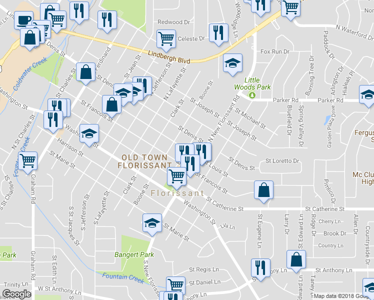 map of restaurants, bars, coffee shops, grocery stores, and more near 1002 Rue St Louis in Florissant