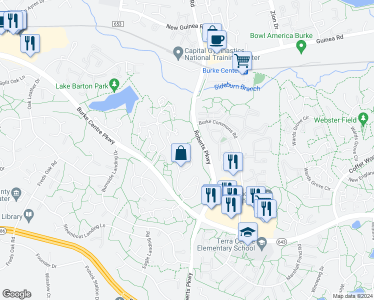map of restaurants, bars, coffee shops, grocery stores, and more near 5832 1st Landing Way in Burke