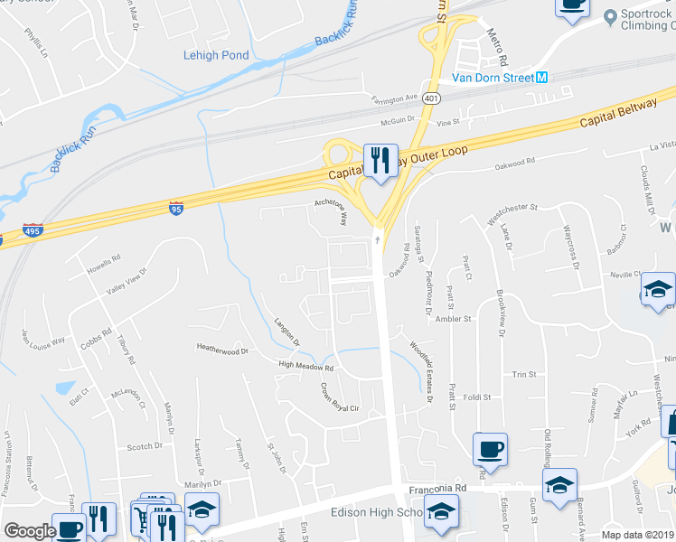 map of restaurants, bars, coffee shops, grocery stores, and more near 5900 Coverdale Way in Alexandria