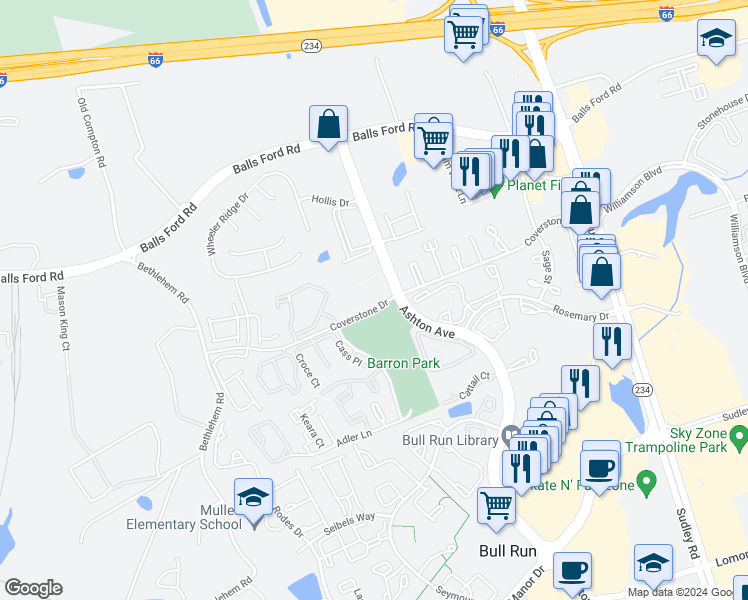 map of restaurants, bars, coffee shops, grocery stores, and more near 11055 Camfield Court in Manassas