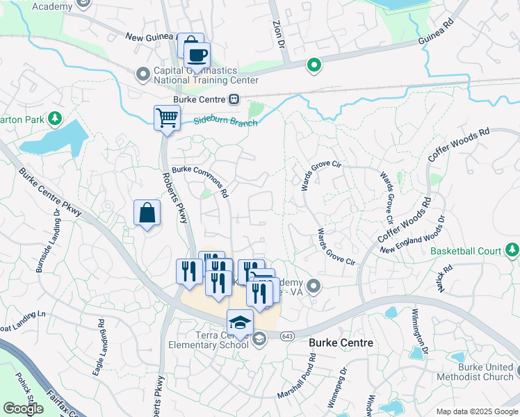 map of restaurants, bars, coffee shops, grocery stores, and more near 12215 Wye Oak Commons Circle in Burke