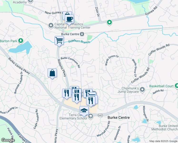 map of restaurants, bars, coffee shops, grocery stores, and more near 12205 Wye Oak Commons Circle in Burke