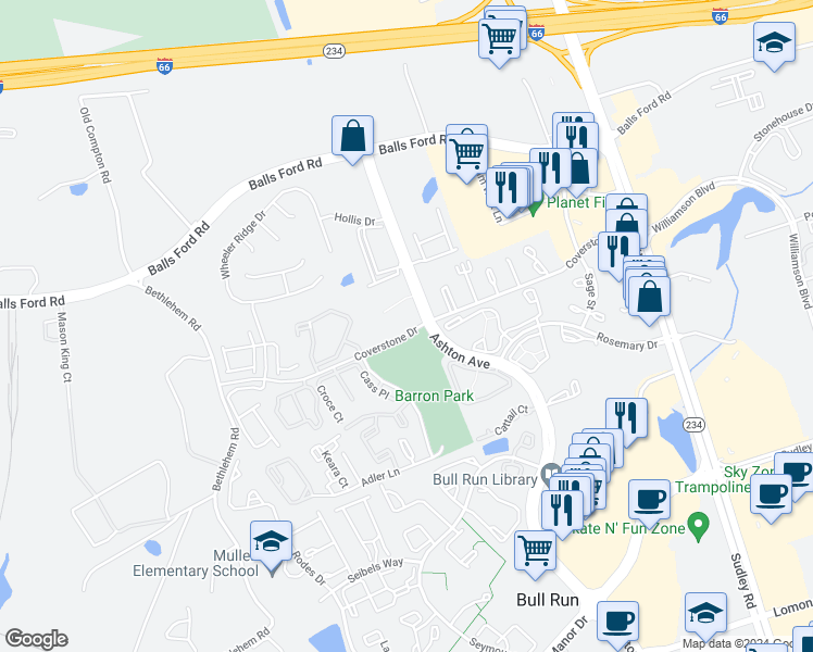 map of restaurants, bars, coffee shops, grocery stores, and more near 11053 Camfield Court in Manassas