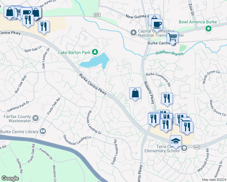 map of restaurants, bars, coffee shops, grocery stores, and more near 5928 Cove Landing Road in Burke