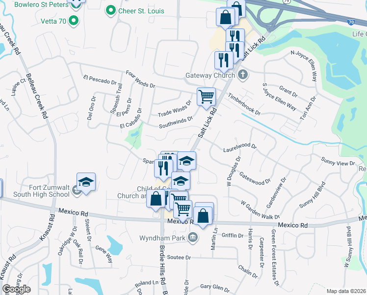 map of restaurants, bars, coffee shops, grocery stores, and more near 103 Crickett Court in St. Peters