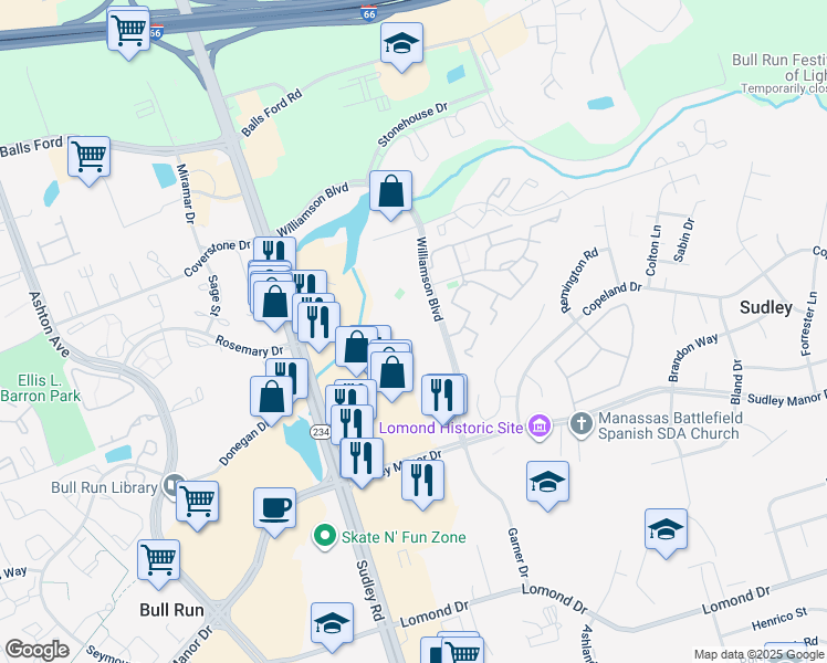 map of restaurants, bars, coffee shops, grocery stores, and more near 7593 Duneiden Lane in Manassas