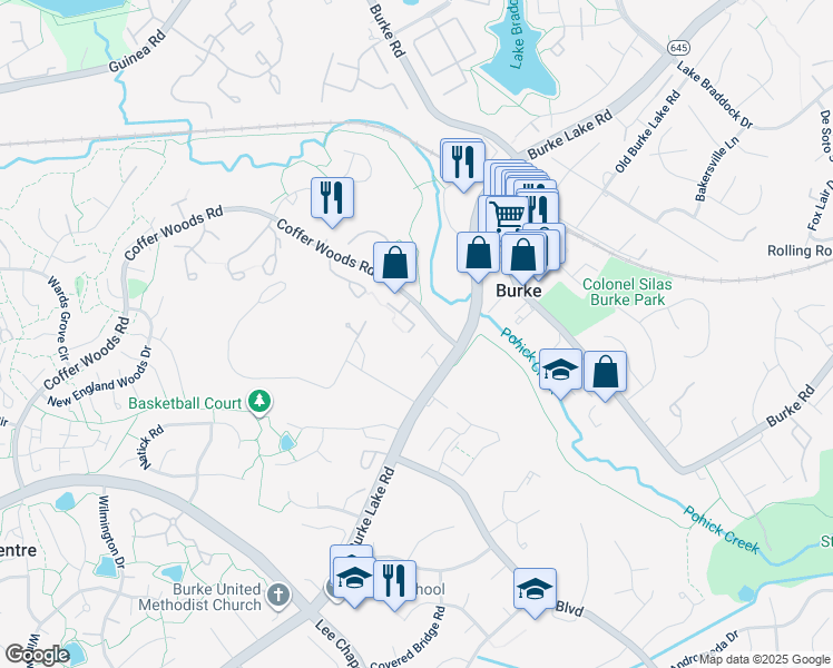 map of restaurants, bars, coffee shops, grocery stores, and more near 9610 Blincoe Ct in Burke