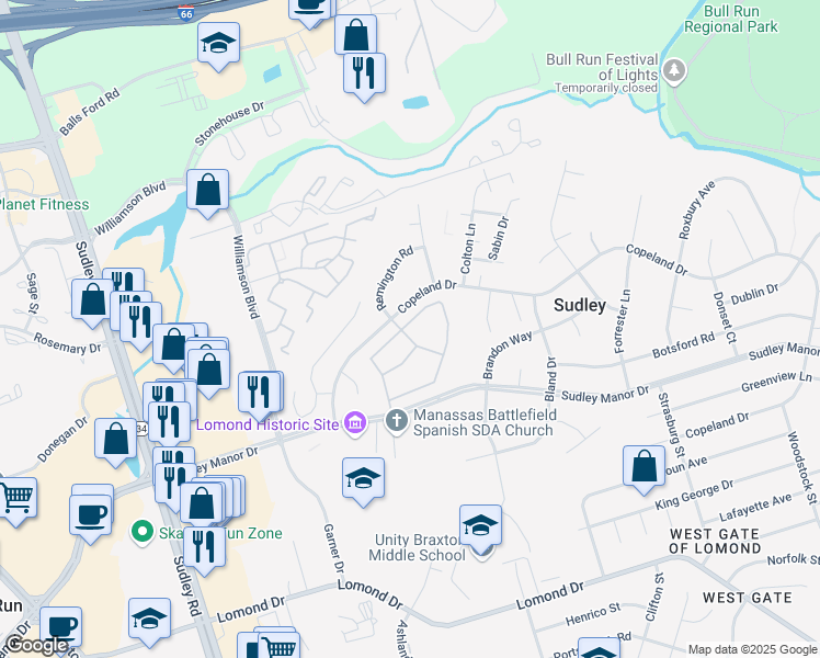 map of restaurants, bars, coffee shops, grocery stores, and more near 7539 Remington Road in Manassas