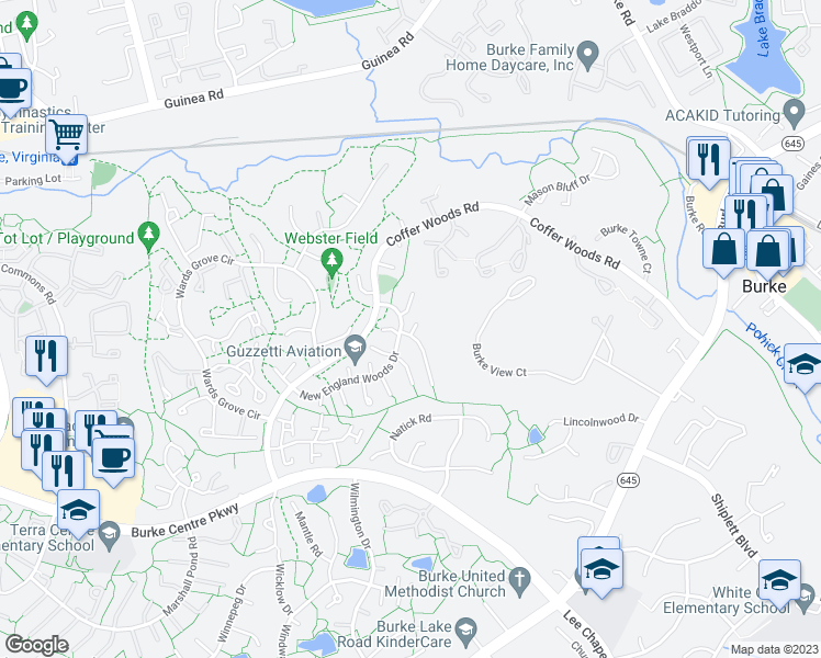 map of restaurants, bars, coffee shops, grocery stores, and more near 9820 New England Woods Court in Burke