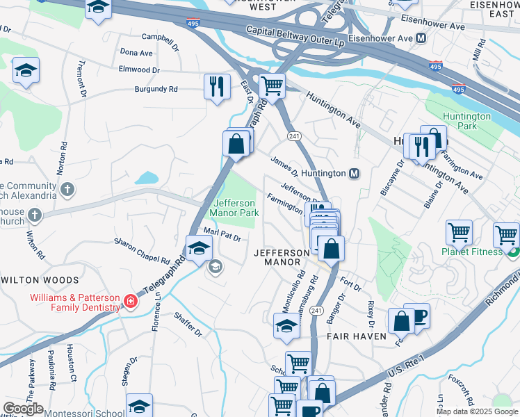map of restaurants, bars, coffee shops, grocery stores, and more near 5834 Edgehill Drive in Alexandria