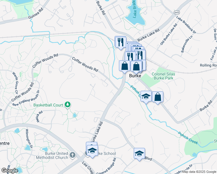 map of restaurants, bars, coffee shops, grocery stores, and more near 9610 Blincoe Ct in Burke