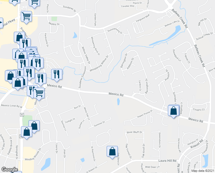 map of restaurants, bars, coffee shops, grocery stores, and more near 8360 Mexico Road in St. Peters