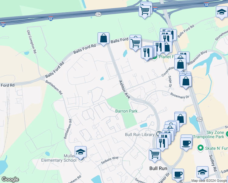 map of restaurants, bars, coffee shops, grocery stores, and more near 11098 Camfield Court in Manassas