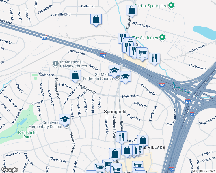 map of restaurants, bars, coffee shops, grocery stores, and more near 5810 Brunswick Street in Springfield