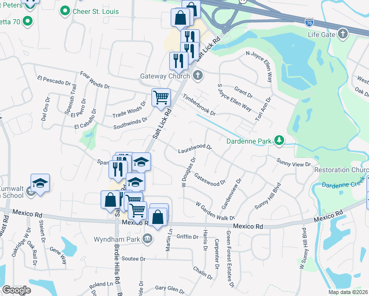 map of restaurants, bars, coffee shops, grocery stores, and more near 12 Gateswood Drive in St. Peters