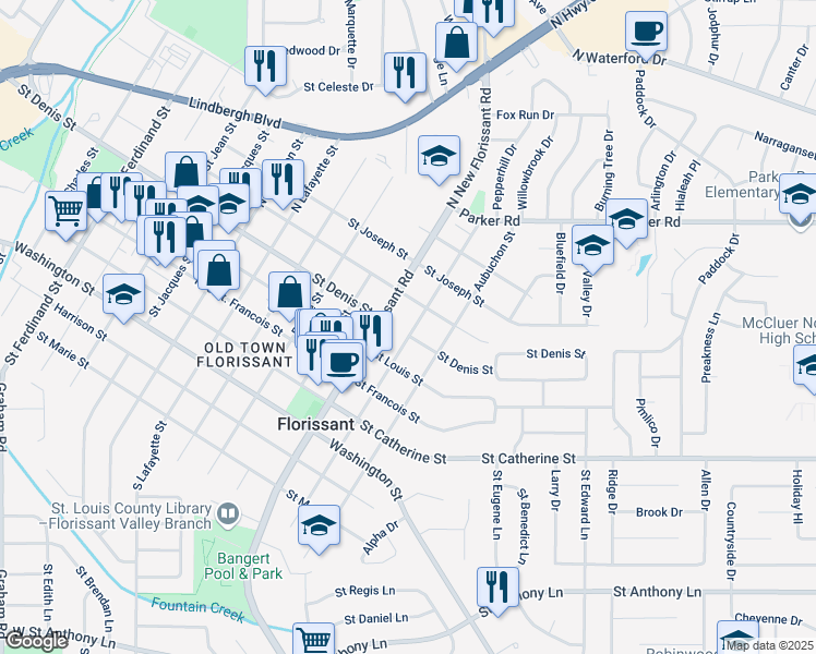 map of restaurants, bars, coffee shops, grocery stores, and more near 817 North Castello Street in Florissant
