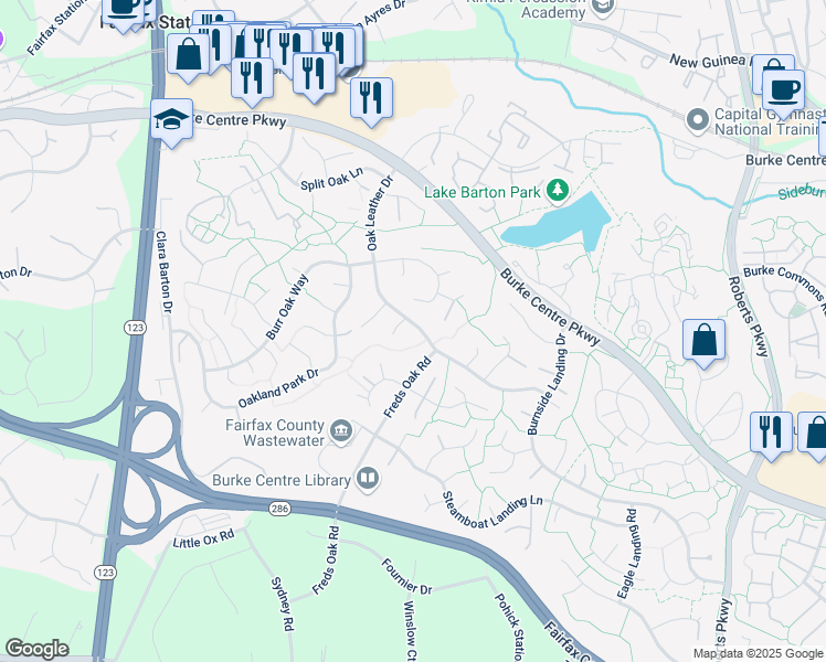 map of restaurants, bars, coffee shops, grocery stores, and more near 5830 Oak Leather Drive in Burke