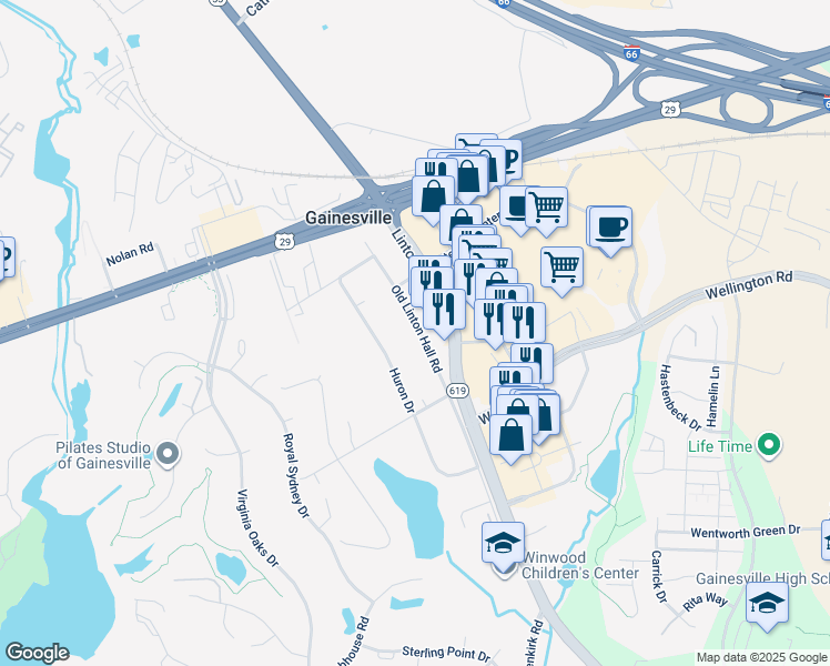 map of restaurants, bars, coffee shops, grocery stores, and more near 7616 Old Linton Hall Road in Gainesville