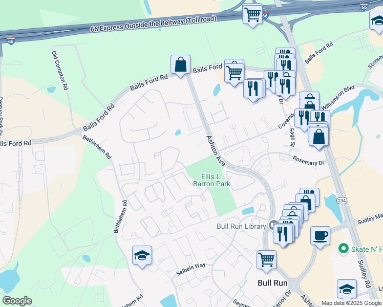 map of restaurants, bars, coffee shops, grocery stores, and more near 7600 Gales Court in Manassas