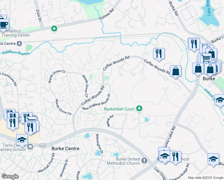 map of restaurants, bars, coffee shops, grocery stores, and more near 9820 New England Woods Court in Burke
