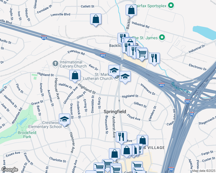 map of restaurants, bars, coffee shops, grocery stores, and more near 5810 Brunswick Street in Springfield