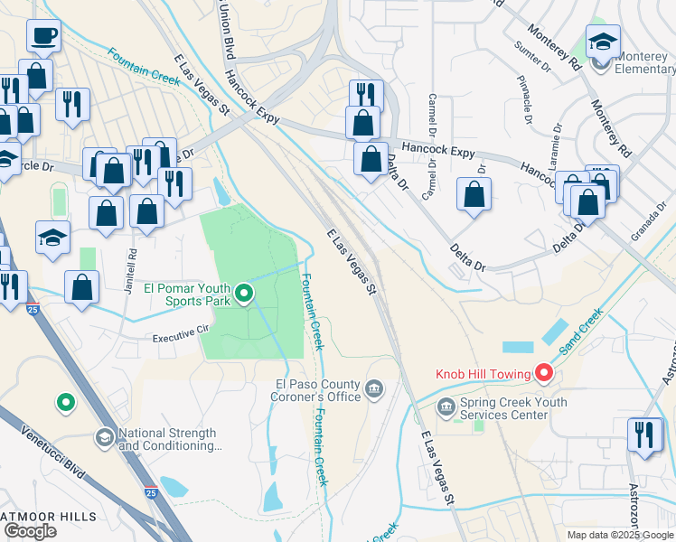map of restaurants, bars, coffee shops, grocery stores, and more near 2705 East Las Vegas Street in Colorado Springs