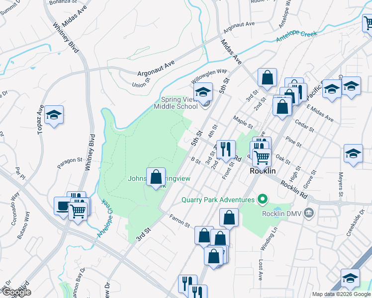 map of restaurants, bars, coffee shops, grocery stores, and more near 5305 5th Street in Rocklin