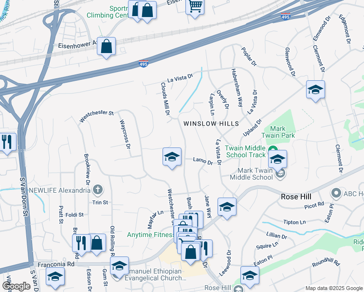 map of restaurants, bars, coffee shops, grocery stores, and more near 5820 Bush Hill Drive in Alexandria