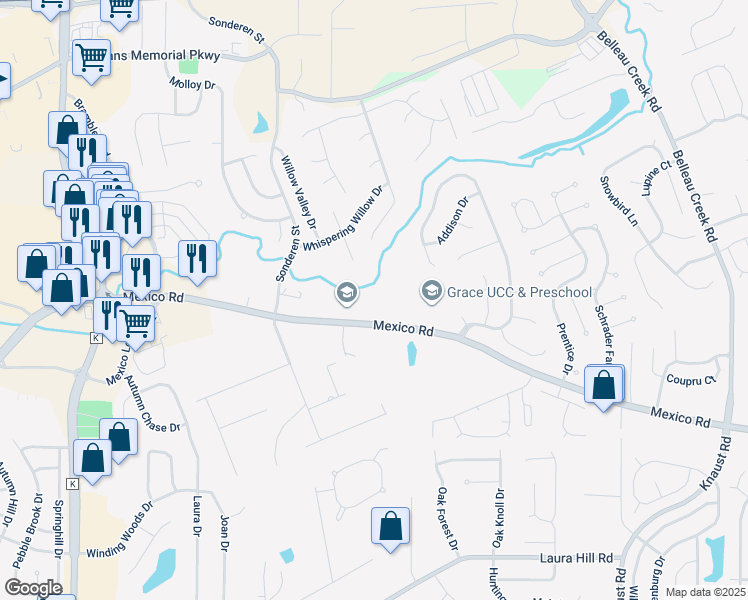 map of restaurants, bars, coffee shops, grocery stores, and more near 8360 Mexico Road in St. Peters