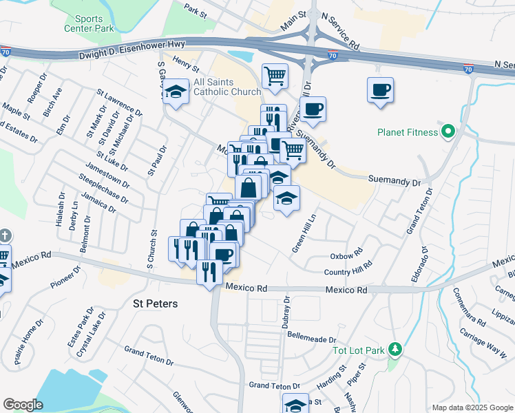 map of restaurants, bars, coffee shops, grocery stores, and more near 336 Mid Rivers Mall Drive in St. Peters