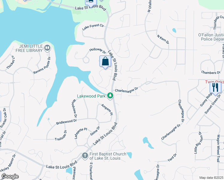 map of restaurants, bars, coffee shops, grocery stores, and more near 722 Lake Saint Louis Boulevard in Lake Saint Louis