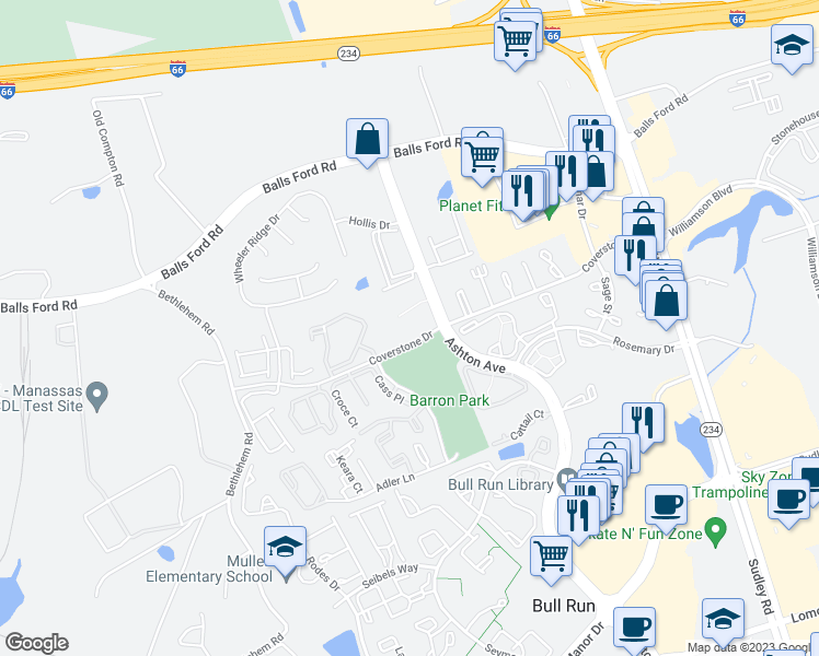 map of restaurants, bars, coffee shops, grocery stores, and more near 11014 Camfield Court in Manassas