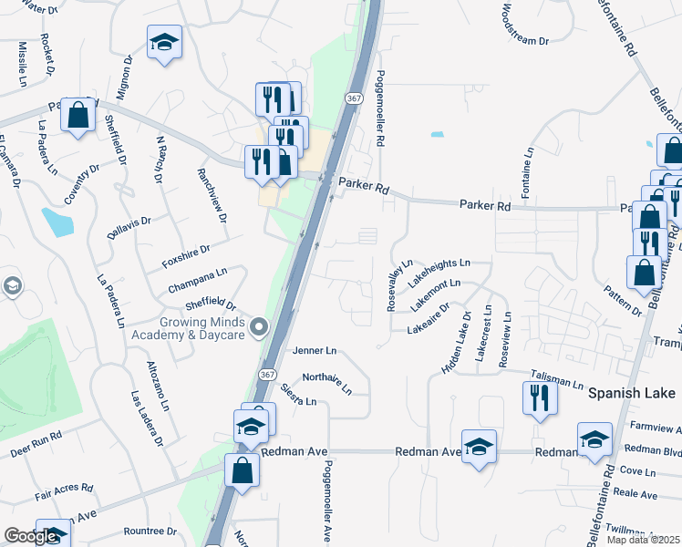 map of restaurants, bars, coffee shops, grocery stores, and more near 2059 Victorian Village Drive in St. Louis