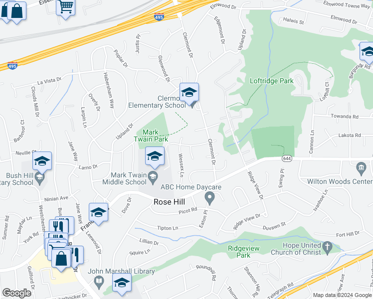 map of restaurants, bars, coffee shops, grocery stores, and more near 5810 Shalott Court in Alexandria