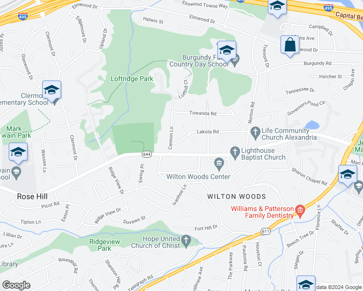 map of restaurants, bars, coffee shops, grocery stores, and more near 3907 Lakota Road in Alexandria