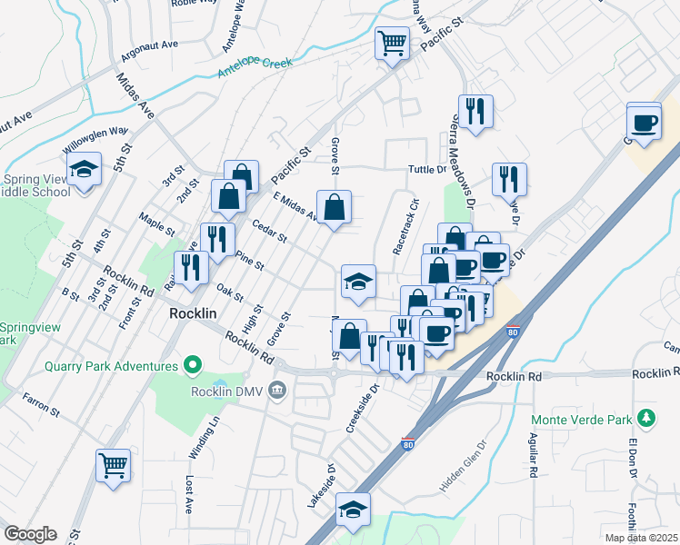 map of restaurants, bars, coffee shops, grocery stores, and more near 4207 Racetrack Road in Rocklin