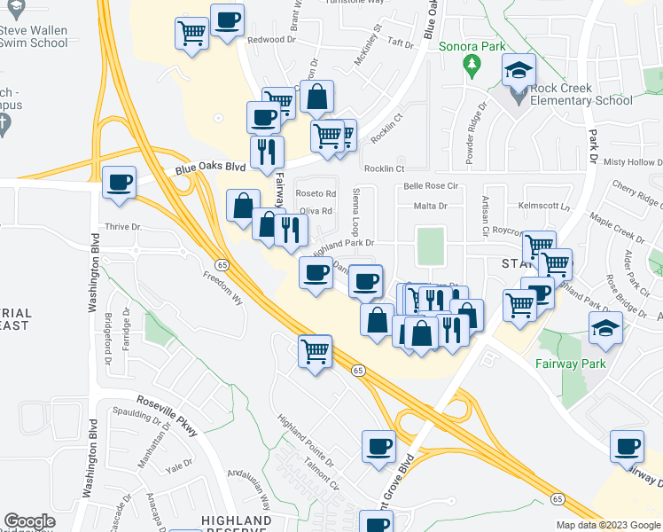map of restaurants, bars, coffee shops, grocery stores, and more near 601 Dante Circle in Roseville