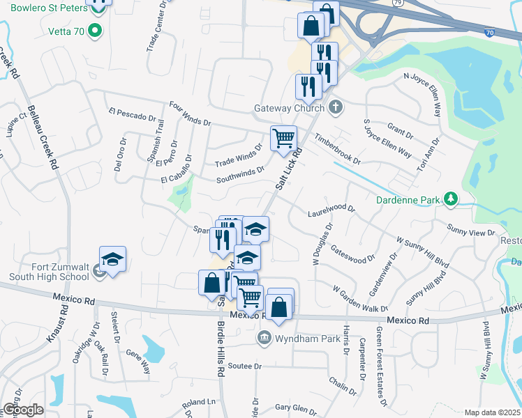 map of restaurants, bars, coffee shops, grocery stores, and more near 545 Summer Winds Lane in St. Peters