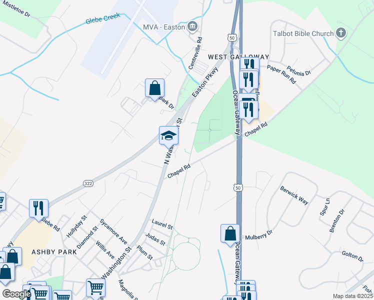 map of restaurants, bars, coffee shops, grocery stores, and more near 1020 North Washington Street in Easton