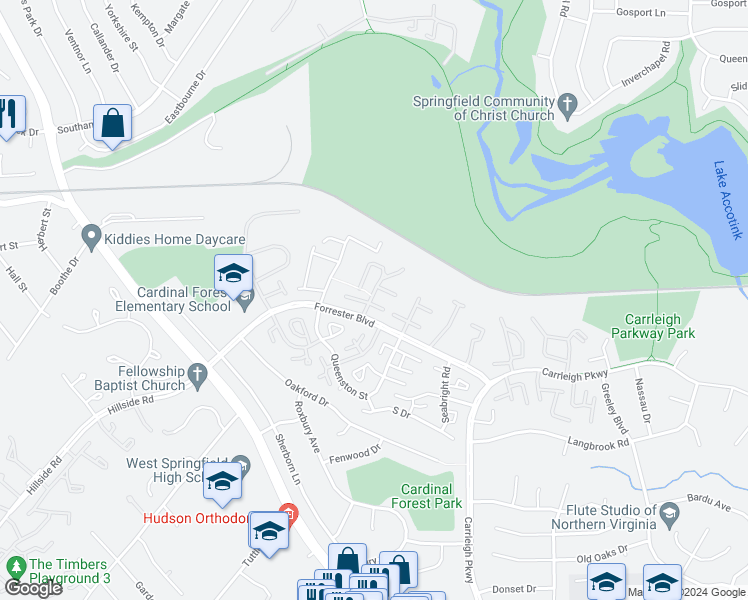 map of restaurants, bars, coffee shops, grocery stores, and more near 8380 Penshurst Drive in West Springfield