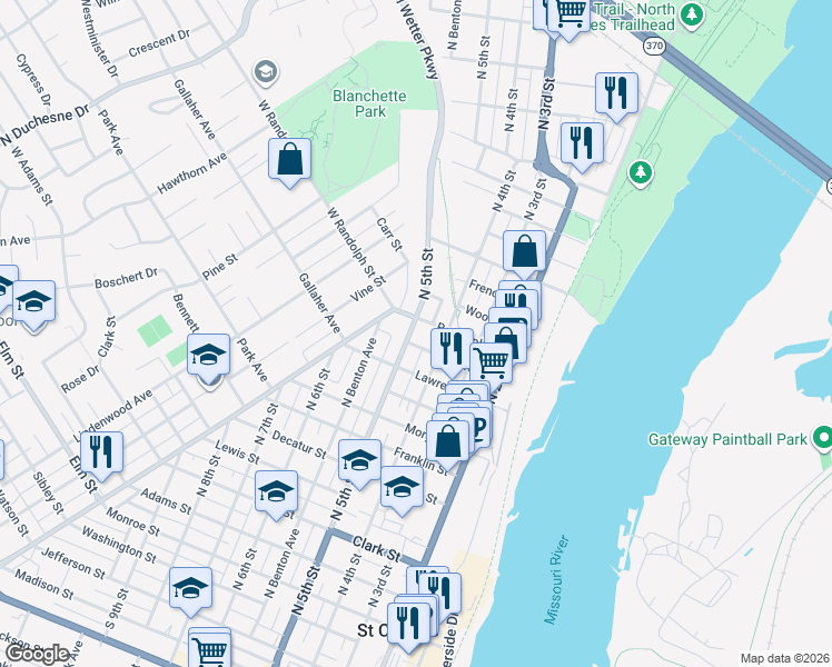 map of restaurants, bars, coffee shops, grocery stores, and more near 1506 West Randolph Street in Saint Charles