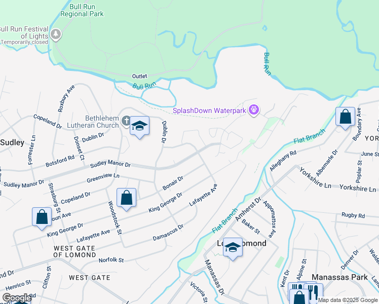 map of restaurants, bars, coffee shops, grocery stores, and more near 9502 Sudley Manor Drive in Manassas