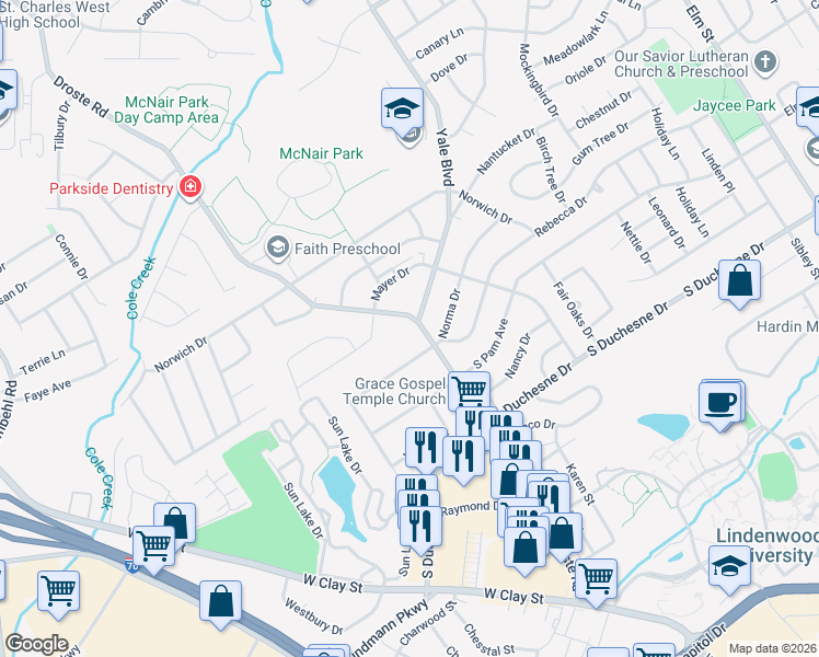 map of restaurants, bars, coffee shops, grocery stores, and more near 2702 Droste Road in Saint Charles