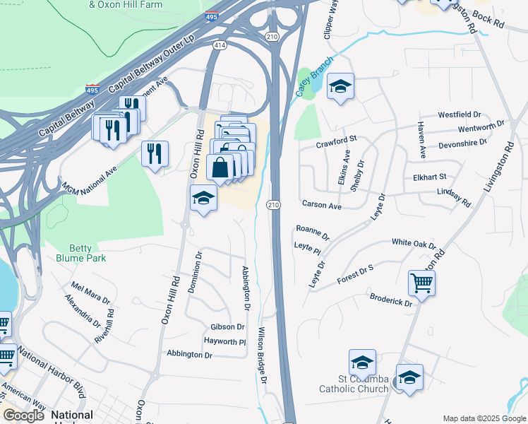 map of restaurants, bars, coffee shops, grocery stores, and more near 568 Wilson Bridge Drive in Oxon Hill