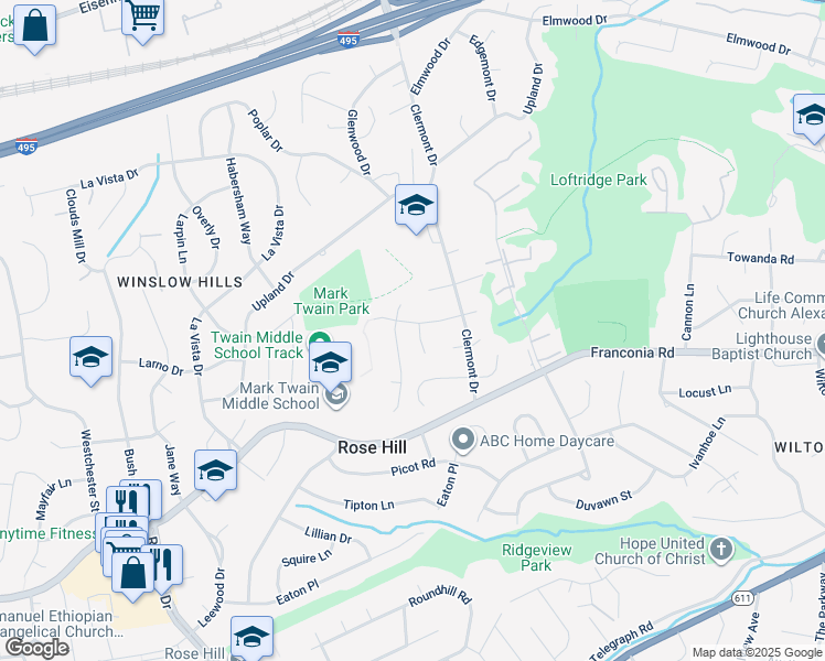 map of restaurants, bars, coffee shops, grocery stores, and more near 5810 Shalott Court in Alexandria