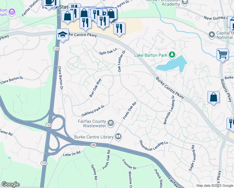 map of restaurants, bars, coffee shops, grocery stores, and more near 10729 Acorn Knoll Court in Burke